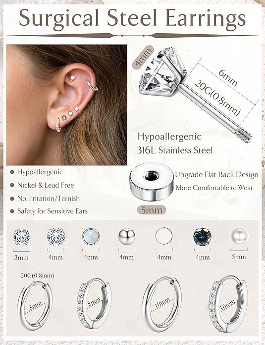 Surgical Stainless Steel Flat Back Stud Earrings Set Silver Small Huggie Hoop