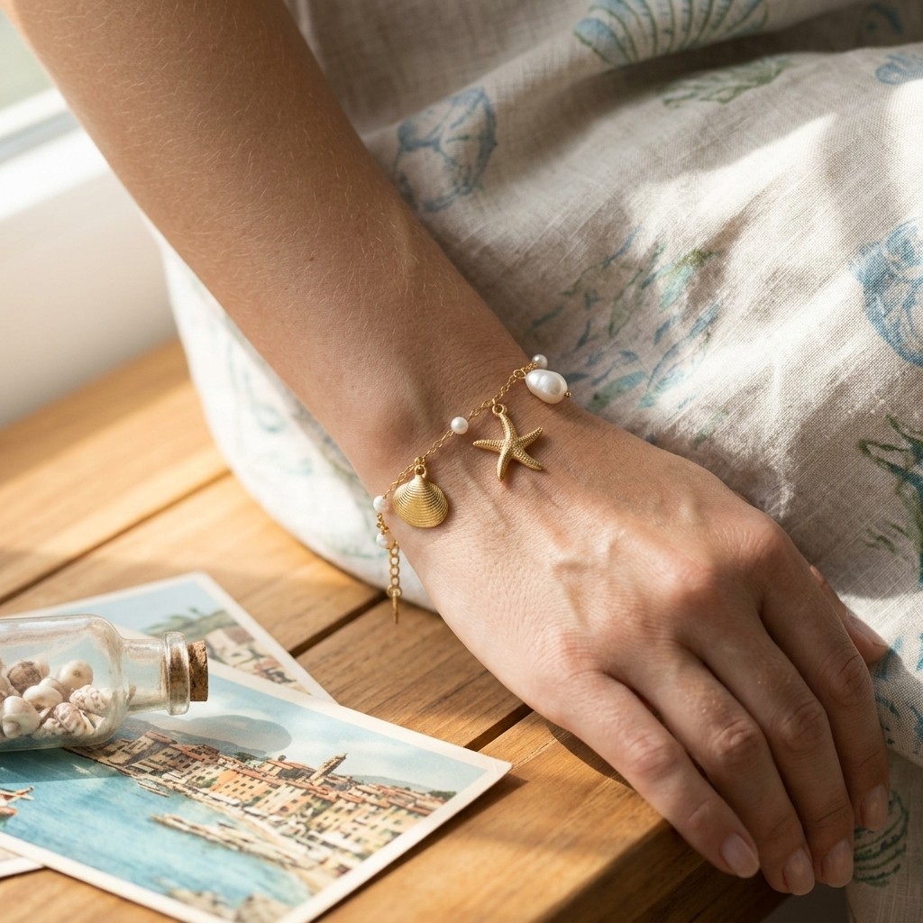 Ocean Starfish Shell Charm Bracelet Gold Tone Adjustable Beach Bracelet for Girl