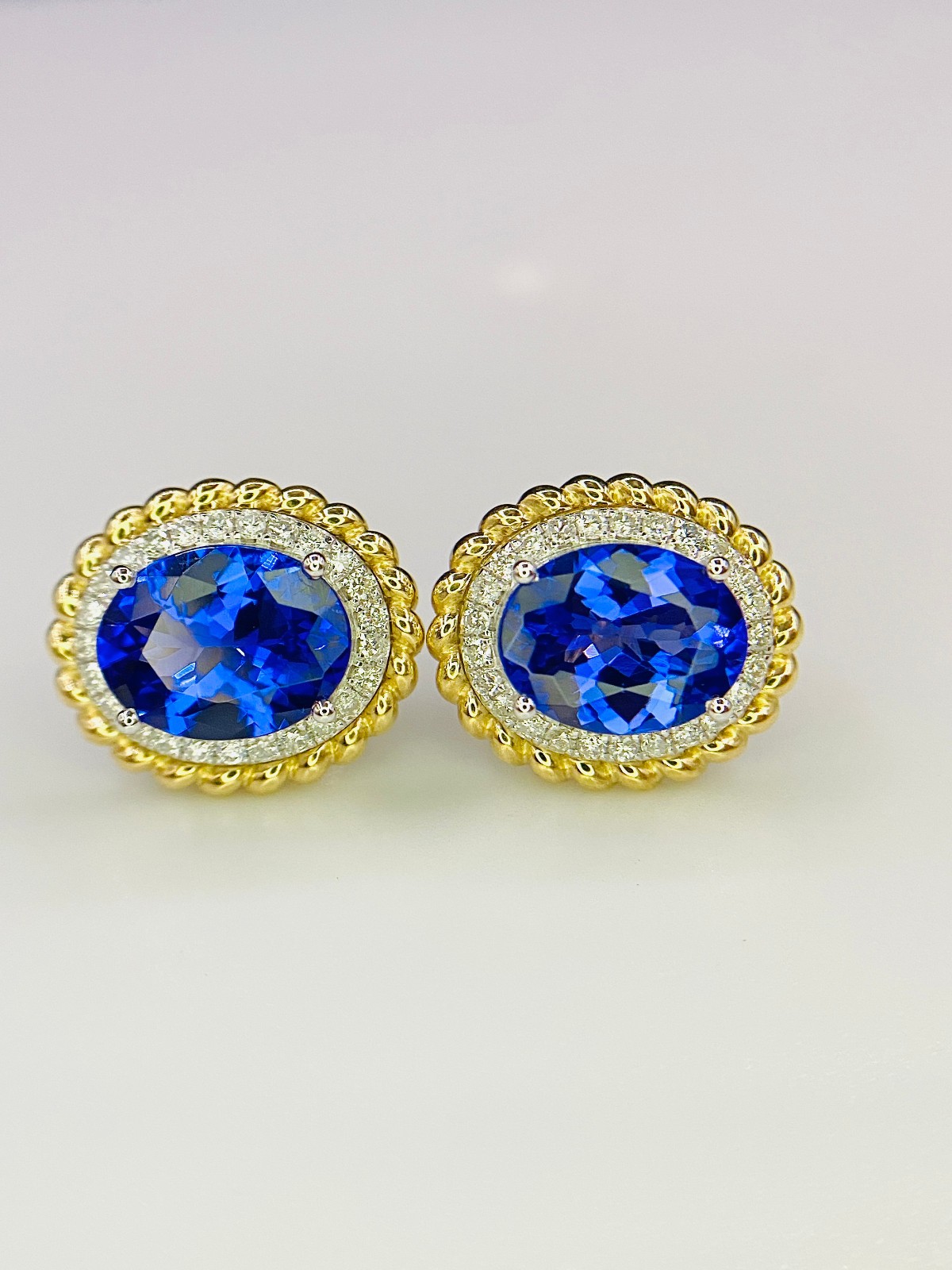 GIL Certified 14K Yellow White Gold Tanzanit & Diamond Earrings Natural Gemstone