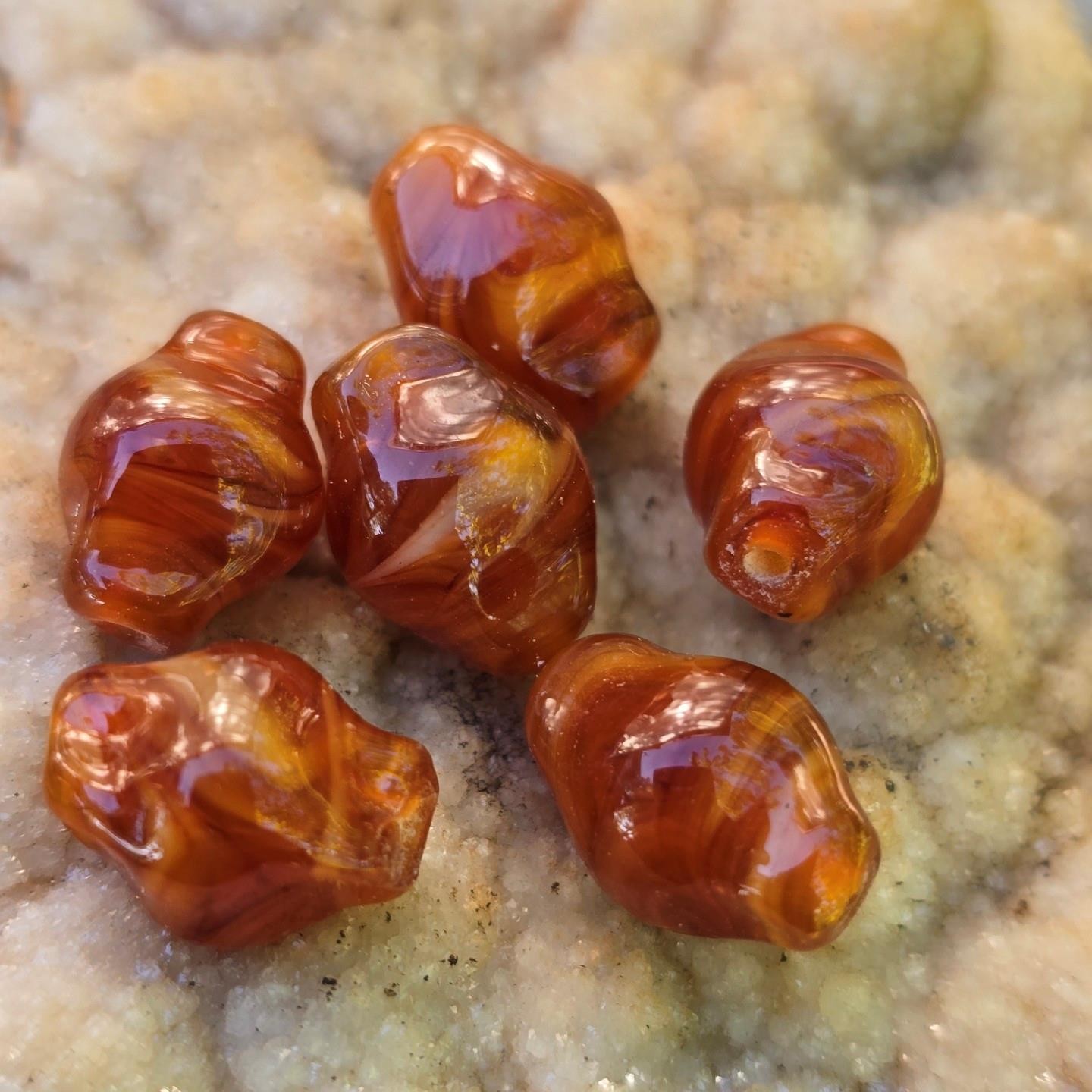 6 Vintage Handmade Lampwork Glass Beads Swirl Caramel Amber Brown Artisan