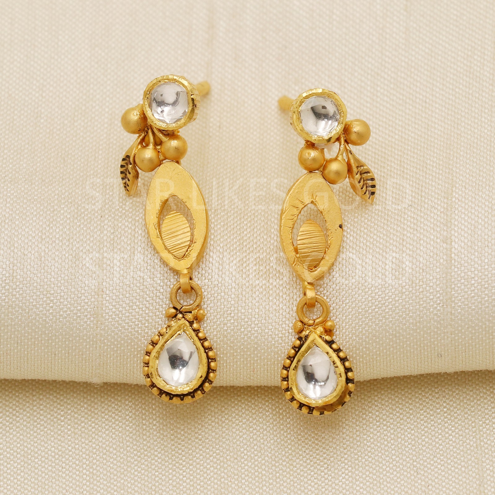 22K Yellow Gold Kundan Floral Pearl Strand Necklace Earrings Set 11.44g