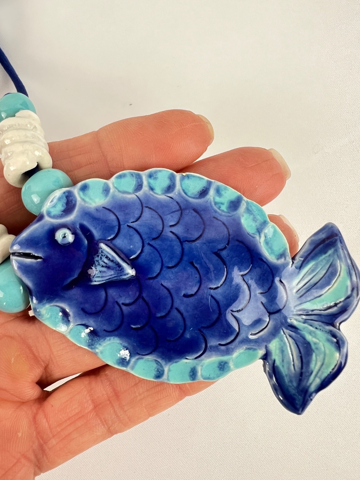 Fashion Large Ceramic Enamel Blue Fish Statement Bold Necklace Summer Cruise