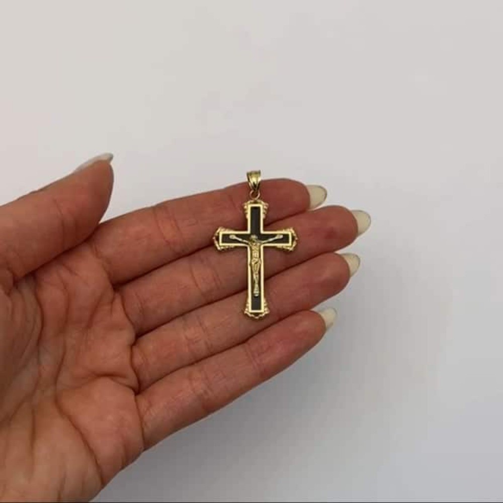 14K Gold Black Religious Crucifix Cross Pendant 1.6″