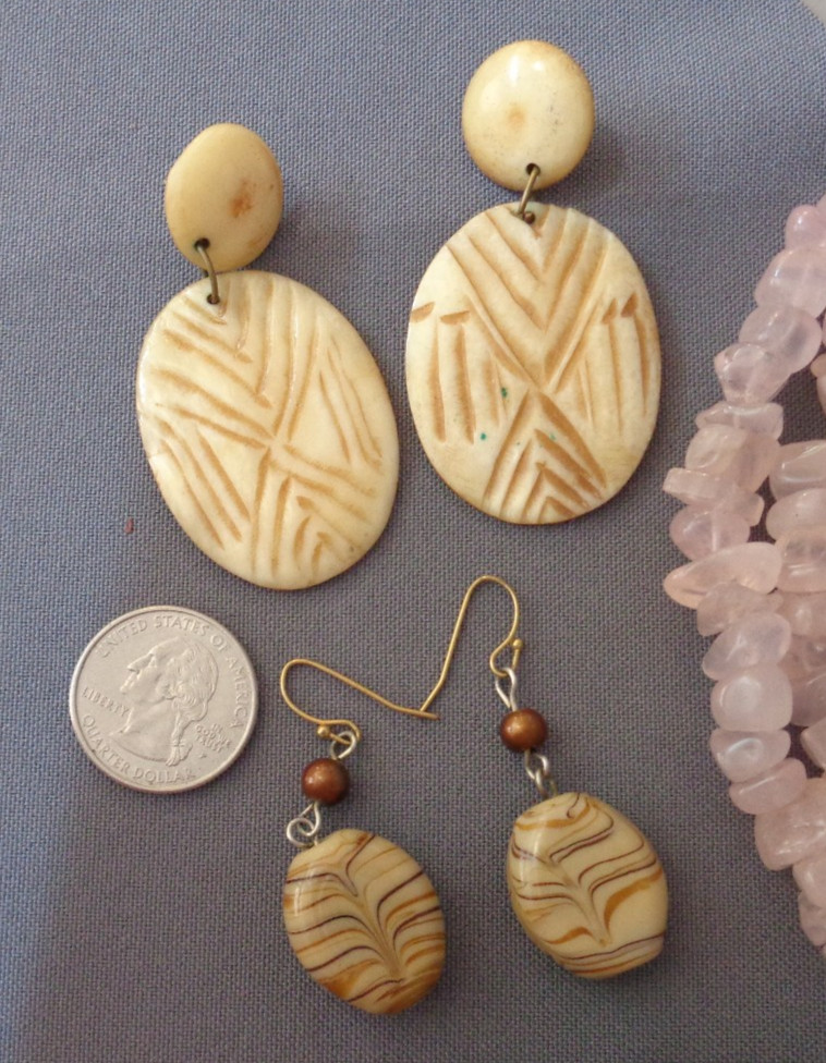 VTG 6 Pc Lot Natural Stone Jewelry Necklace Beads Pierced Earrings Rose Quartz +
