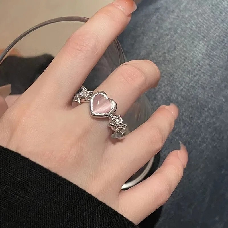 New Adjustable Heart Opening Ring Cat Eye Women Rings Fashion Jewelry Pink Love