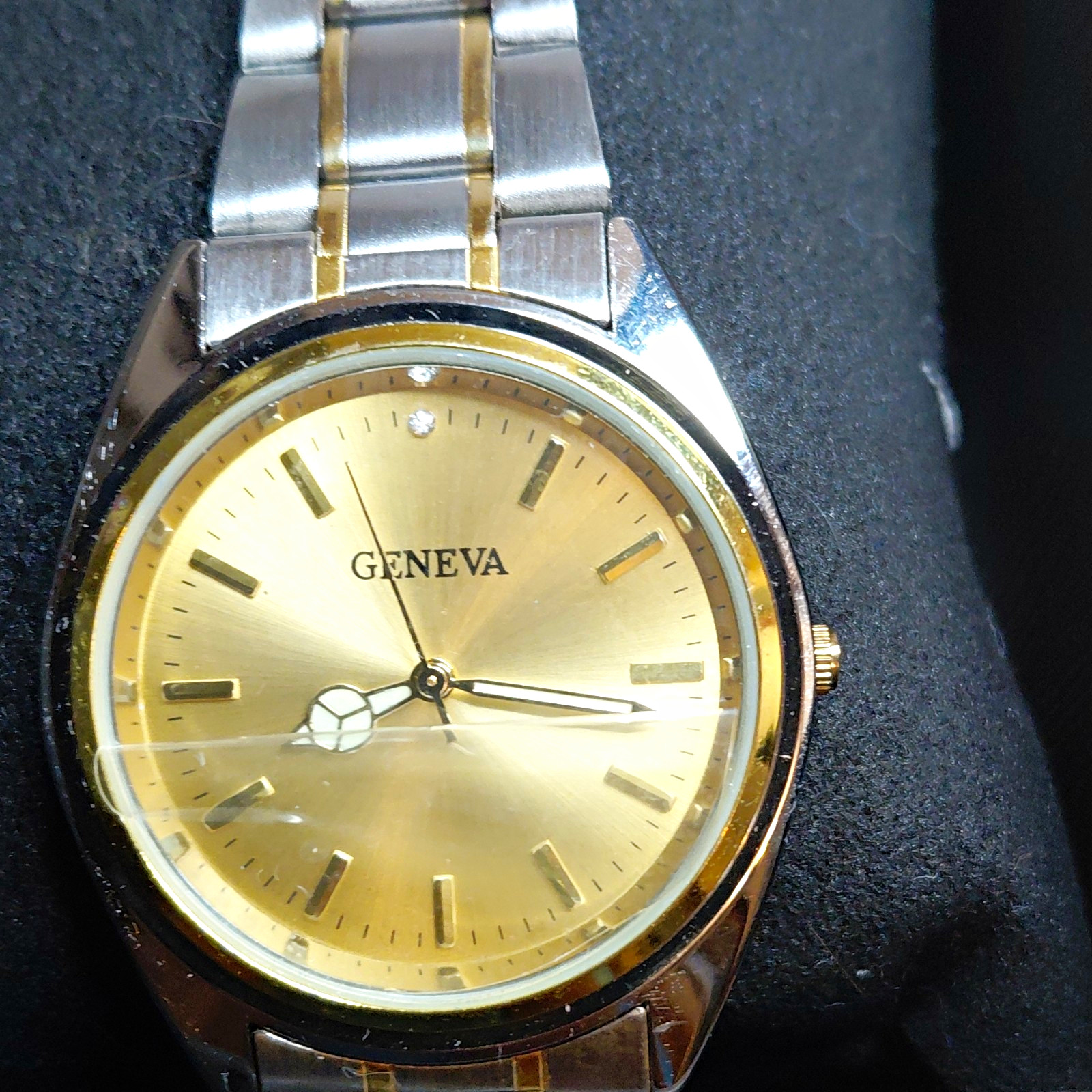 Geneva Quartz Analog Watch, Gold Dial, Two-Tone SS Bracelet, Luminous Hands.