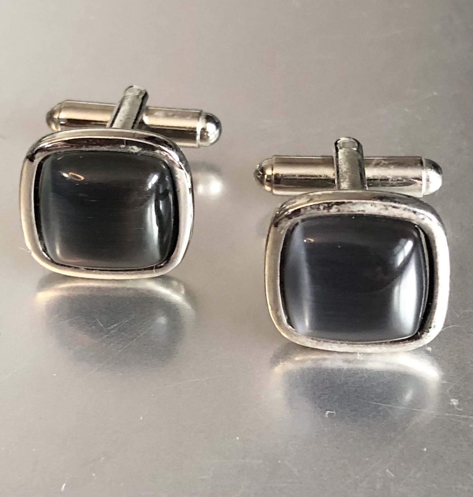 Vintage Charcoal / Gray Lacquer Silver Tone Cufflinks (2-Piece Set) GC –