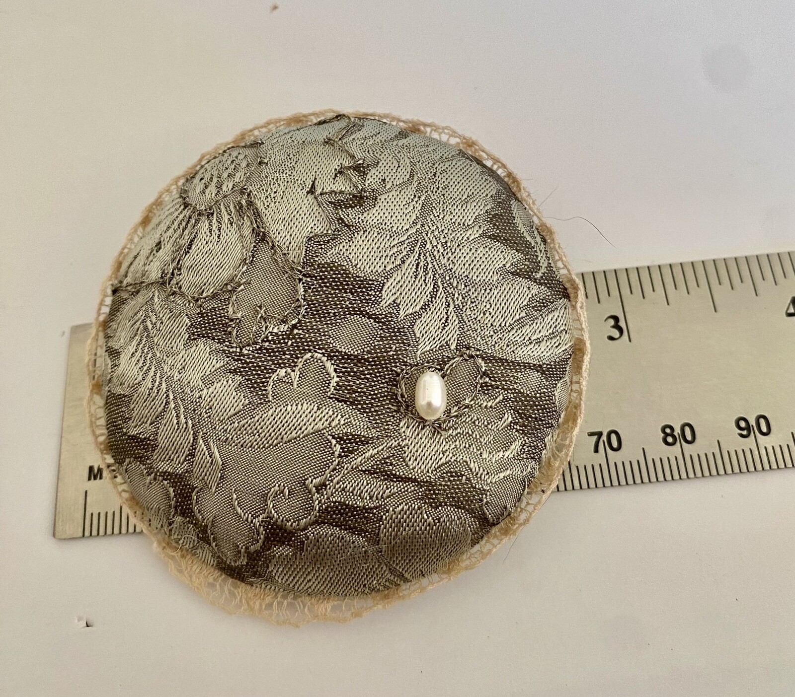 Vintage Round Shabby Chic Fabric Lace Edged Pin/Brooch W.Pearl 2.75”.