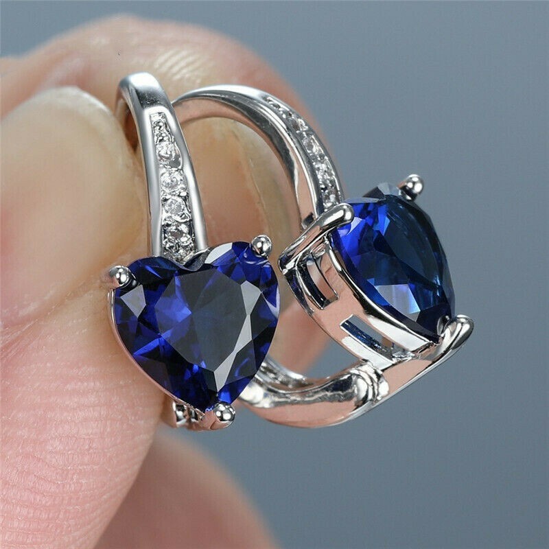 Pretty New Silver Plated Blue Heart CZ Leverback Hoop Dangle Drop Earrings