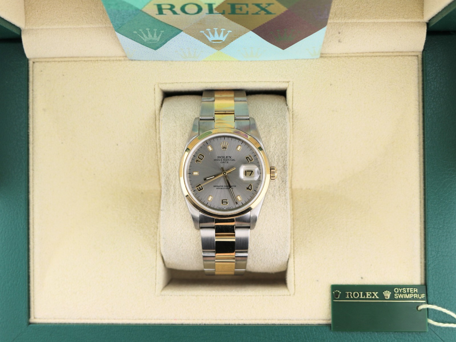 2005 Rolex Date 15203 Rhodium Dial TT 18kt with Papers 34mm