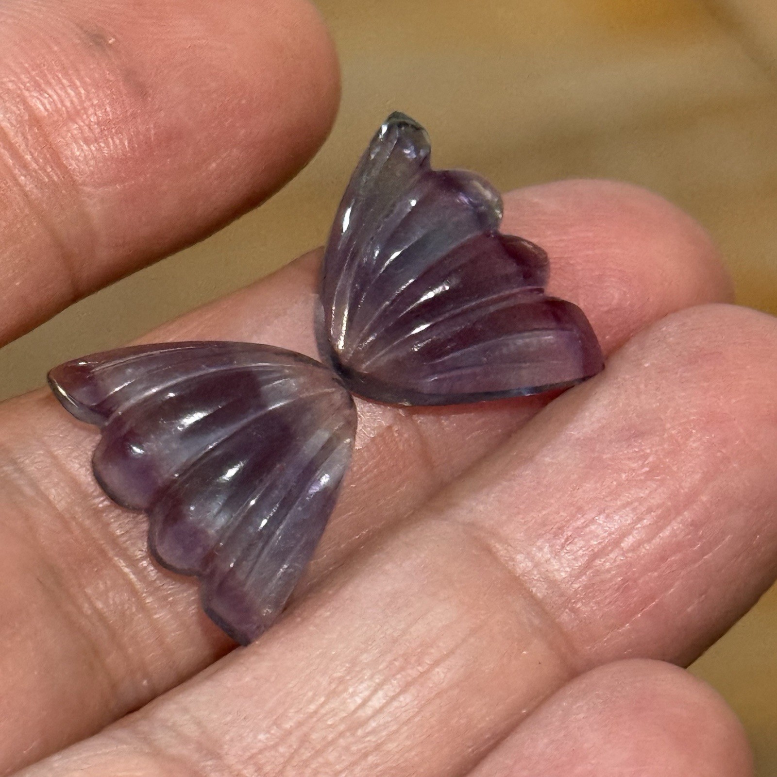 18ct 18×13.5x5mm Pair Fine Purple Blue Fluorite Carved Butterfly Wings Cabochons