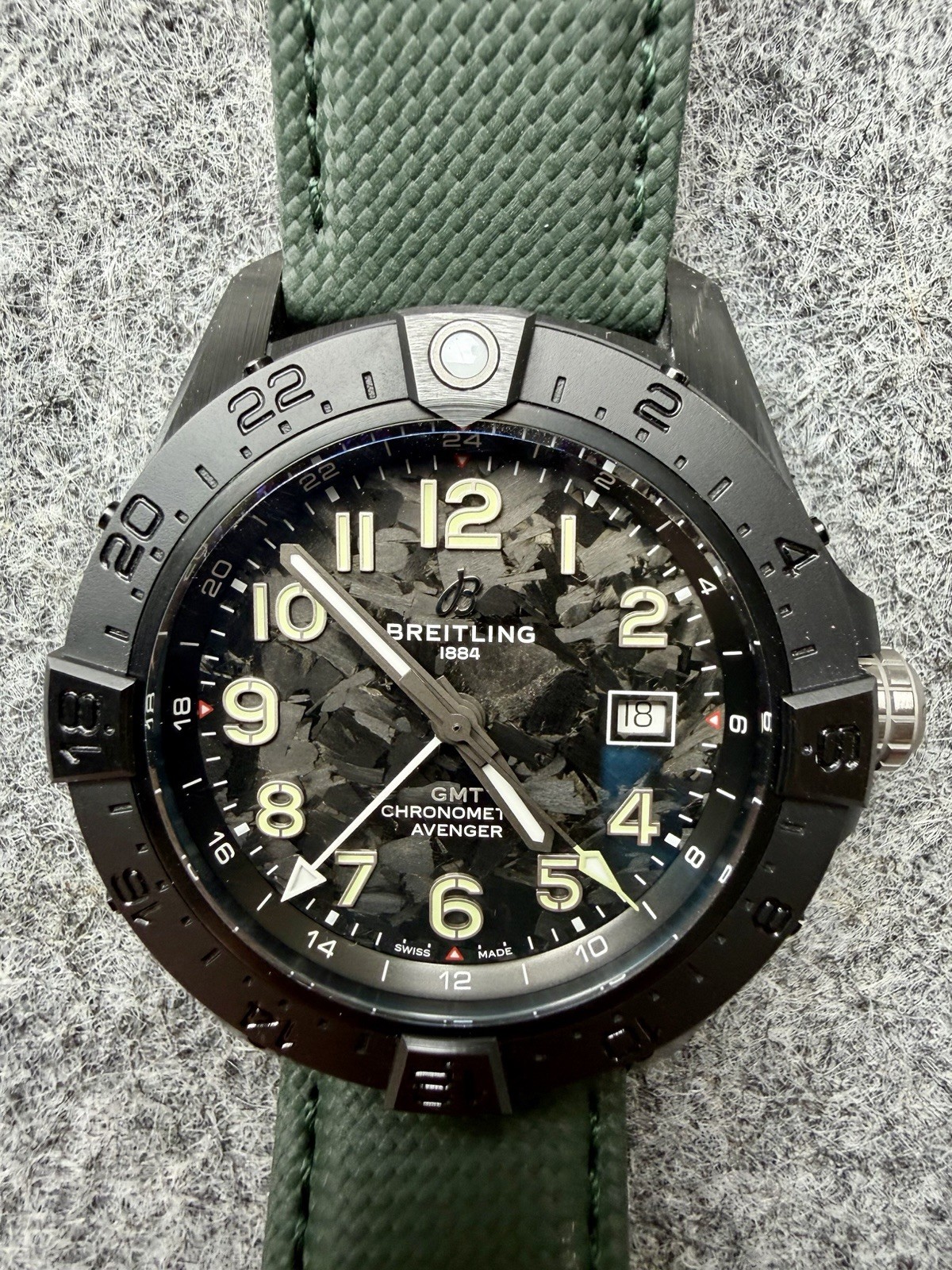 Breitling Avenger Automatic GMT 44mm Black Dial Green Leather Strap 300m
