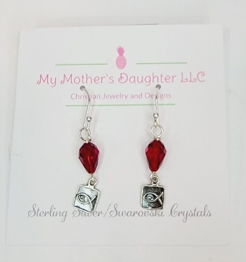 Hypoallergenic Dangle Earrings With Swarovski Crystals Red Color And Jesus Fish