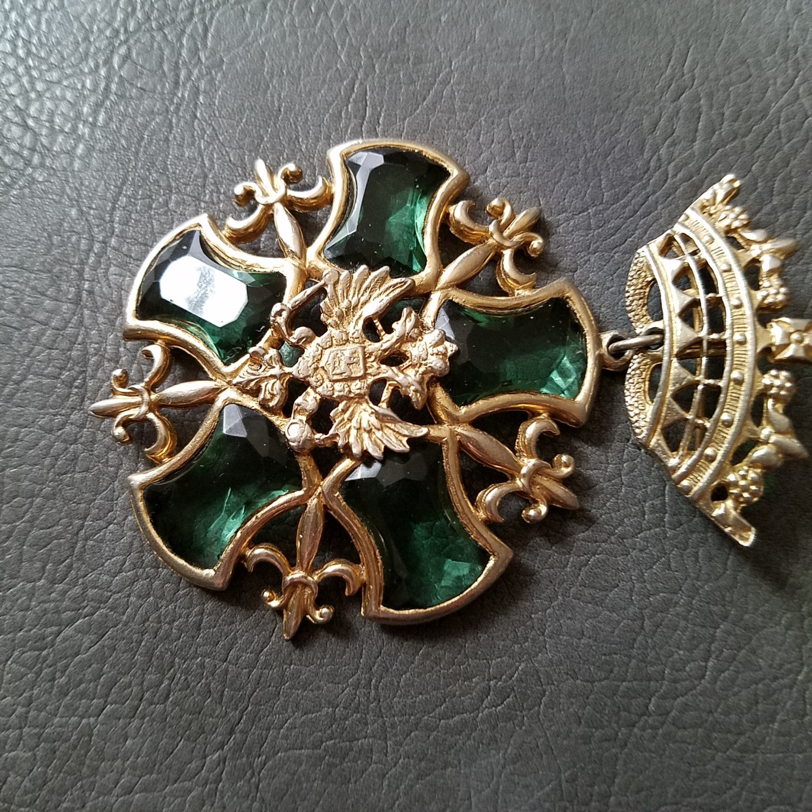Vintage Crown Doubled-Headed Eagle Shield Green Rhinestone Fleur de Lis Brooch