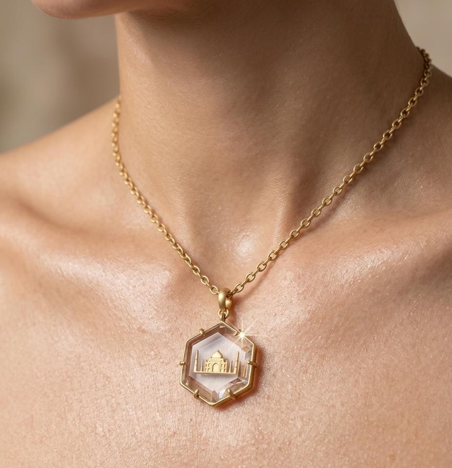 Natural Crystal Quartz Taj mahal Pendant 925 sterling silver gold plated pendant