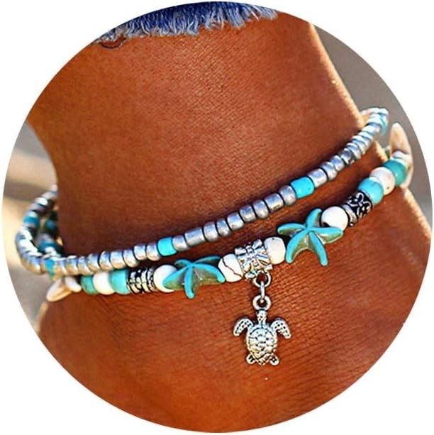 Blue Starfish Turtle Anklet Multilayer Charm Beads Sea Handmade Boho Anklet F…