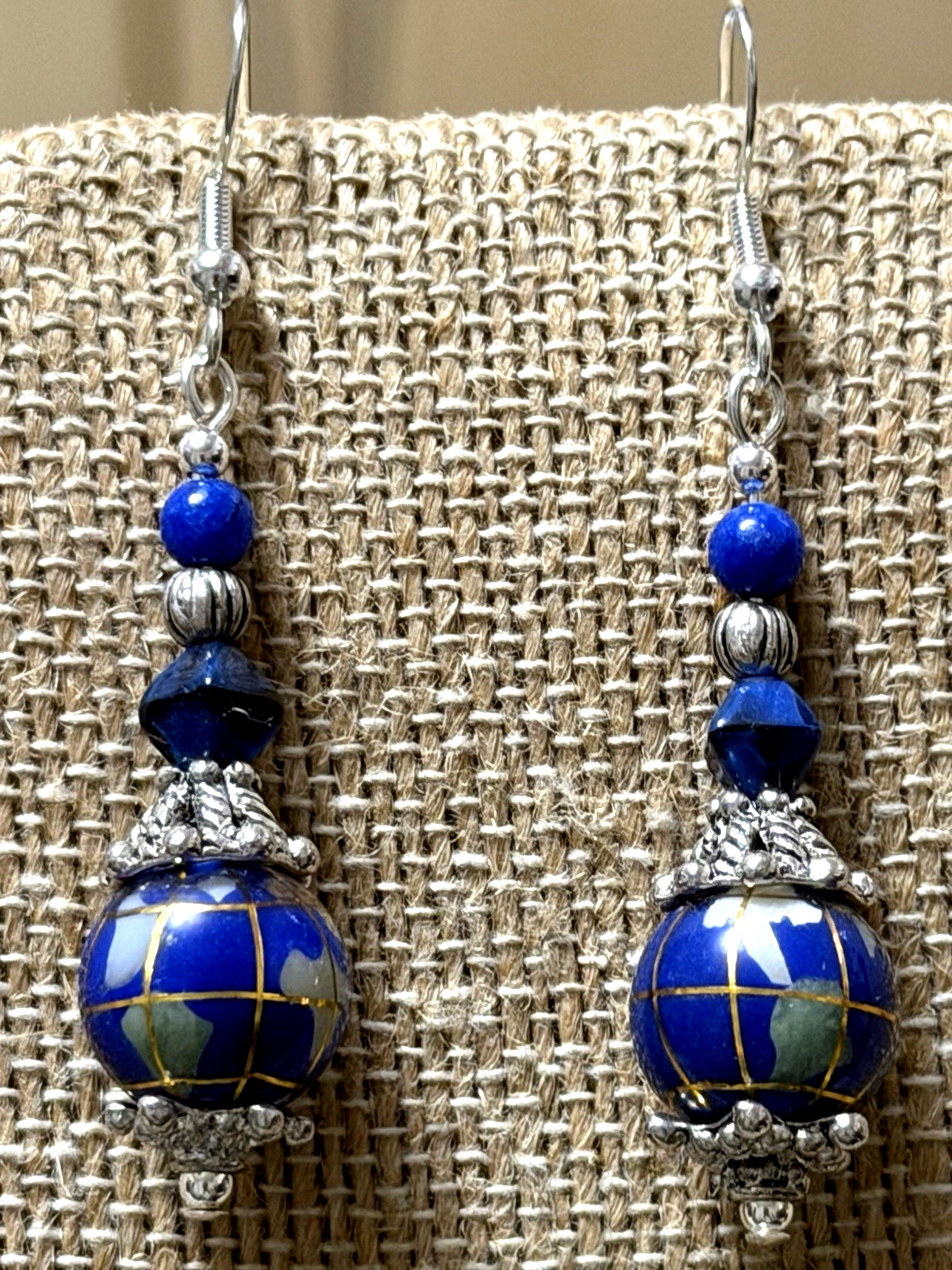 NEW ITEM*VTG.12MM BLUE LAPIS GEMSTONE INTARSIA GLOBE EARRINGS .925 EAR WIRES-NEW