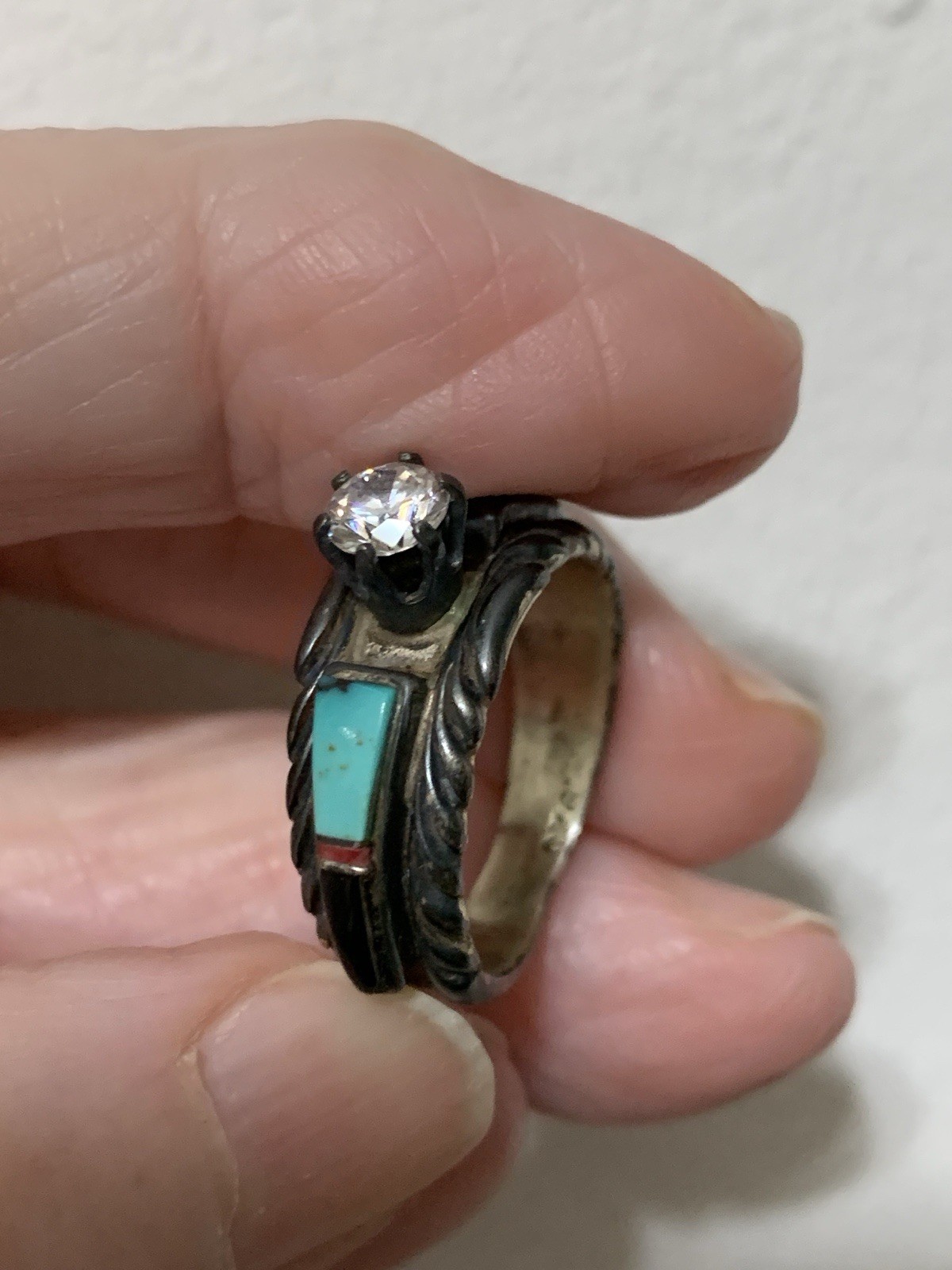 American Navajo Style Woman’s SS Engagement Ring,Inlaid Turquoise,CZ center, 7.5