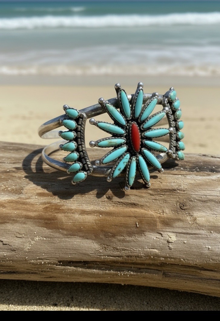 Zuni Sterling Silver Coral and Turquoise Needle + Petit Point Floral Cuff