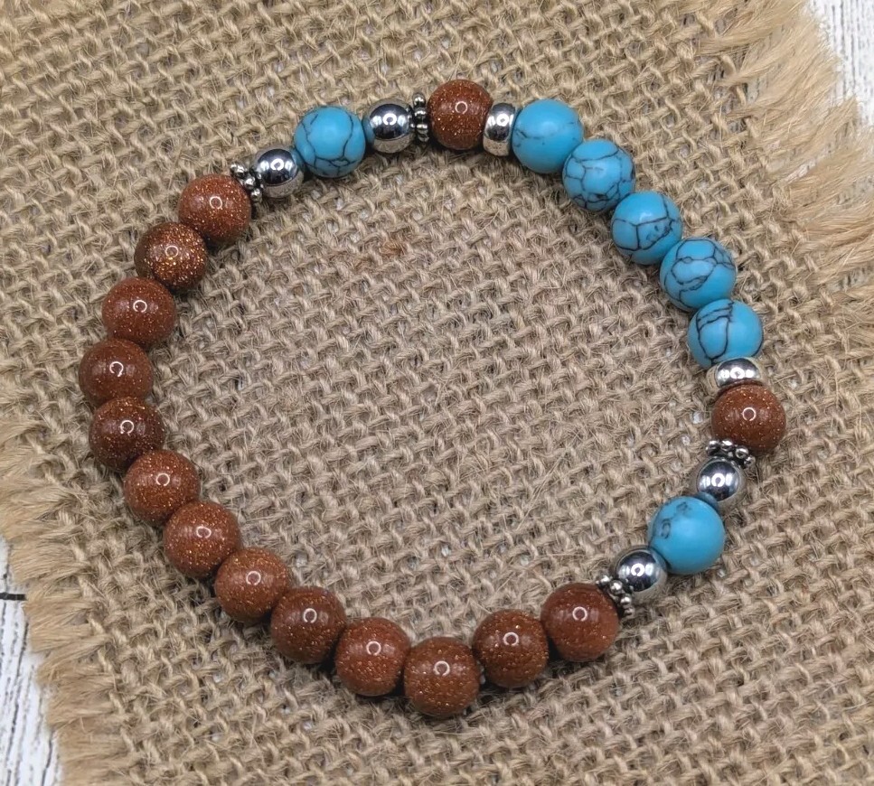 Goldstone, Blue Howlite Beaded Stretch 8mm Artisan Bracelet (18cm) Medium Wrist