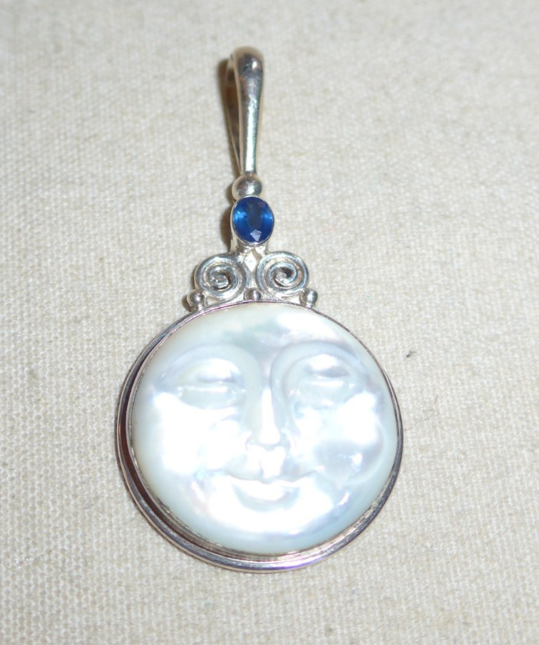 Sajen Sterling Silver Mother of Pearl Moon Face Blue Stone Pendant