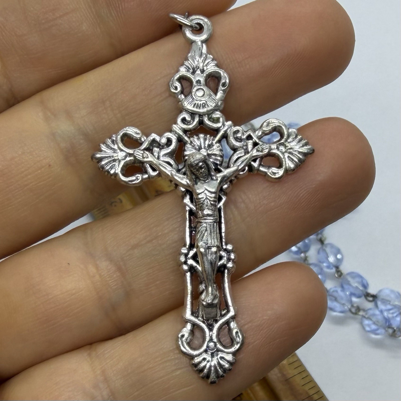 Vtg Religious Catholic Blue Glass Lourdes Cross Rosary Bead Necklace Holy Water