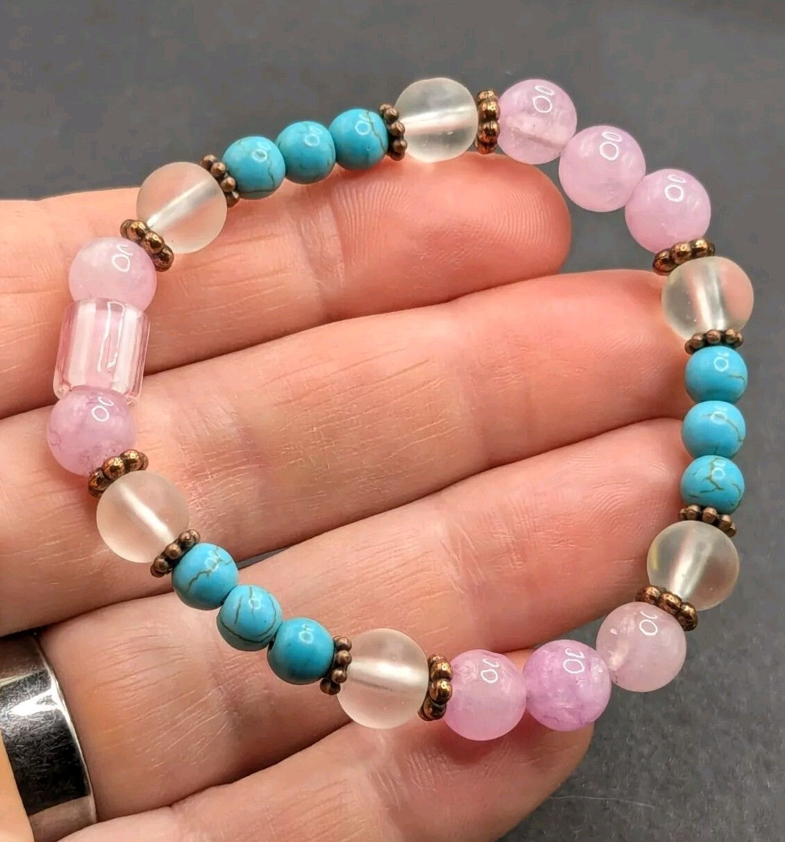 Pink / Blue 6-8mm Beaded Stretch Bracelet (16cm) Small Wrist