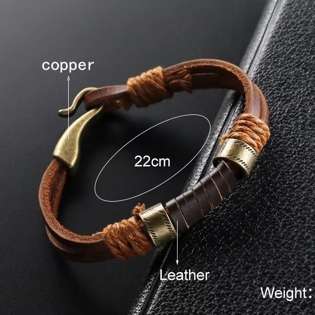 MENDEL 8 Inch Mens Simple Cowboy Copper Leather Bracelet Wristband Cuff For Men