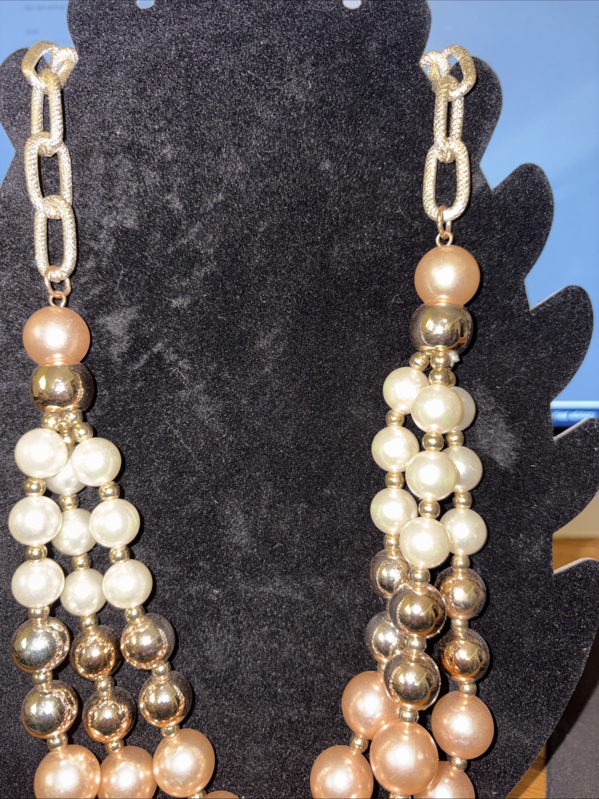 vintage pink champagne&cream faux pearls,multi strand.gold tone accented beads