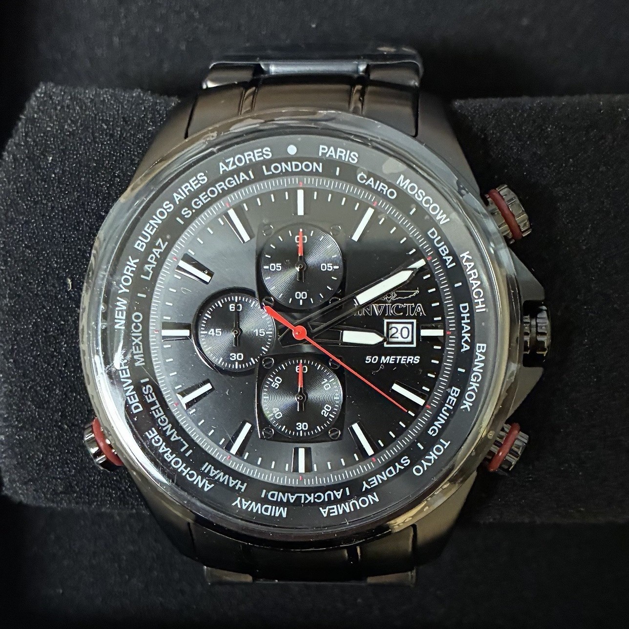 Invicta Aviator Men’s Quartz Chronograph Date 48mm Black SS Bracelet 50m Box