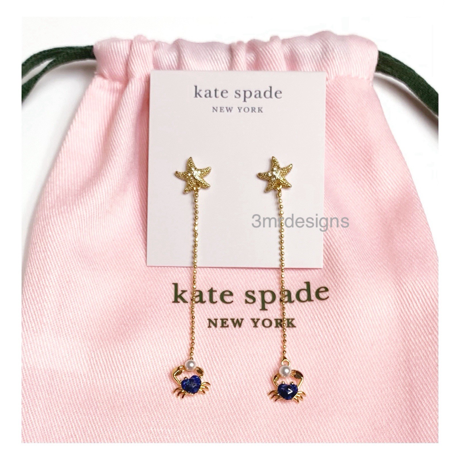 NWT Kate Spade SEA STAR CRAB 12-K Gold Plated CZ Stone/Glass Pearl Drop Earrings