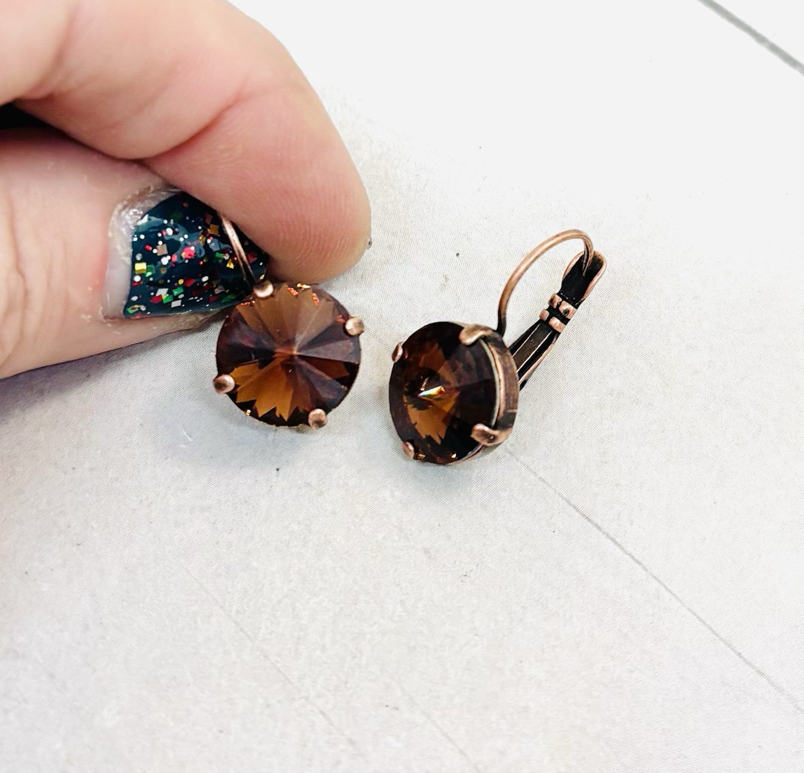 12mm Antique Copper Chocolate Brown Cup Chain Earrings with Smoked Topaz Stones