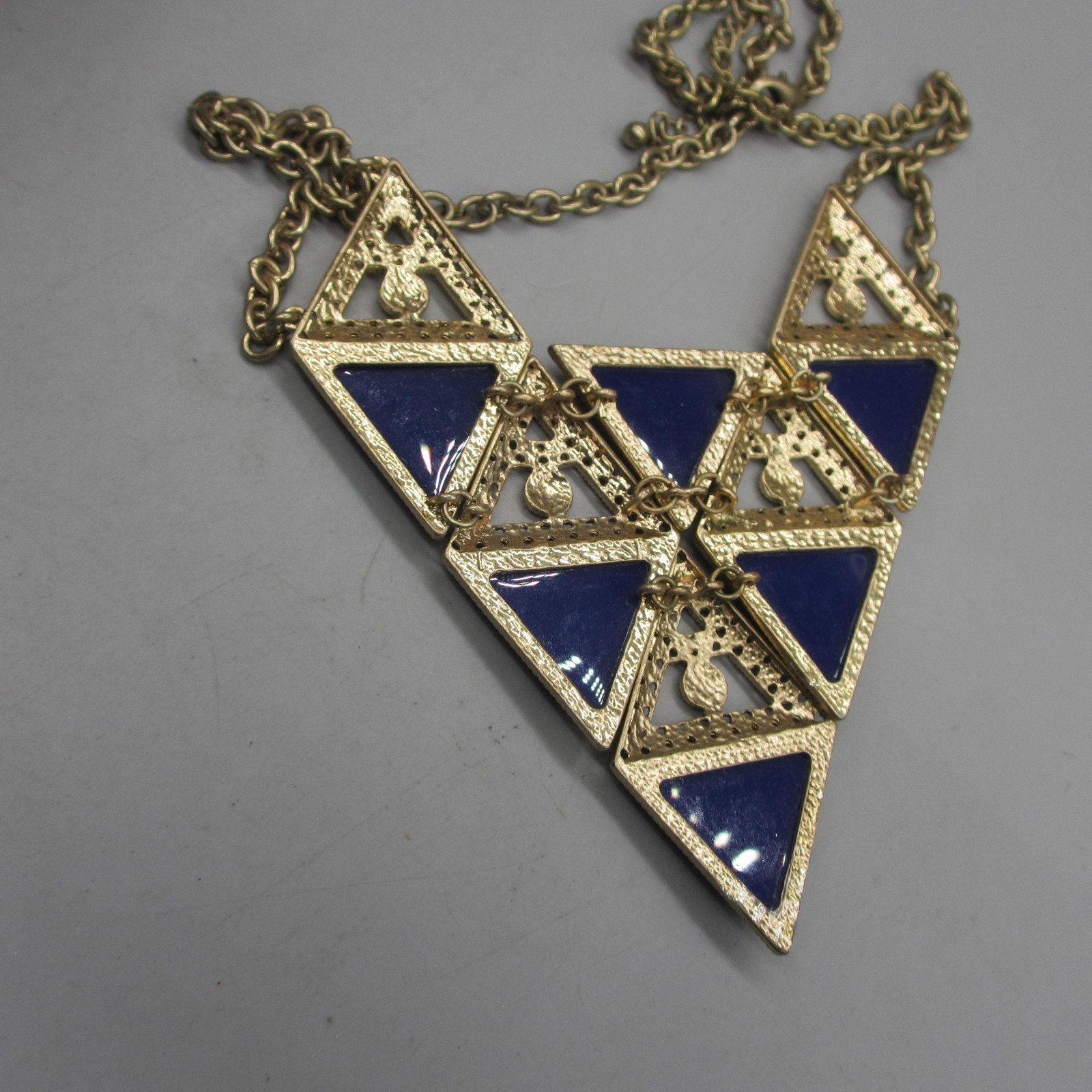 Statement Necklace Triangles Blue Gold Tone Filigree 22 Inch