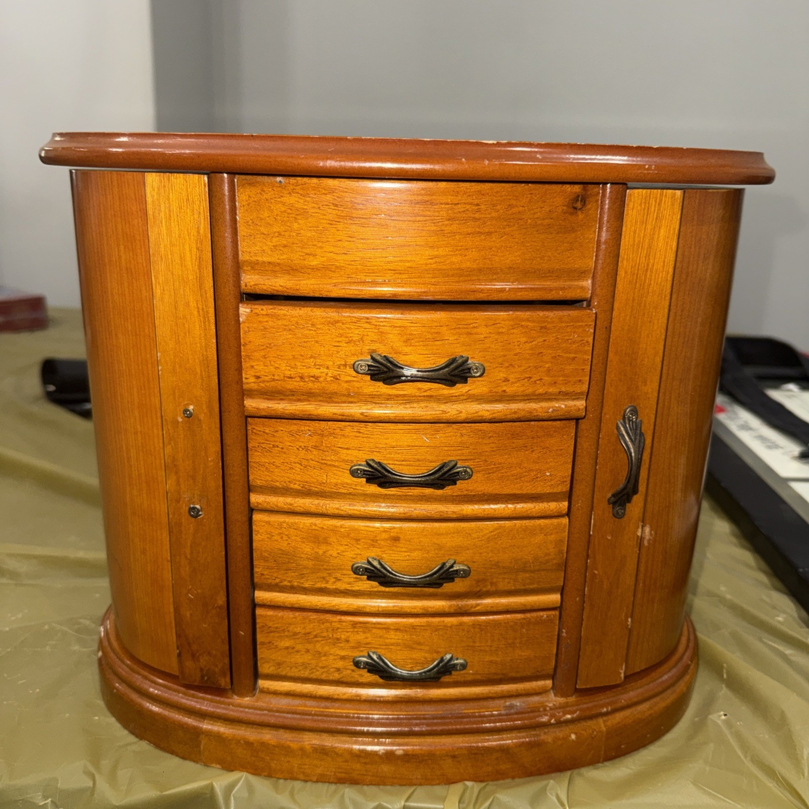 Elegant Maple Wood Oval Jewelry Box w/4 Drawers/2 Side Doors/Flip-Up Top/MORE.