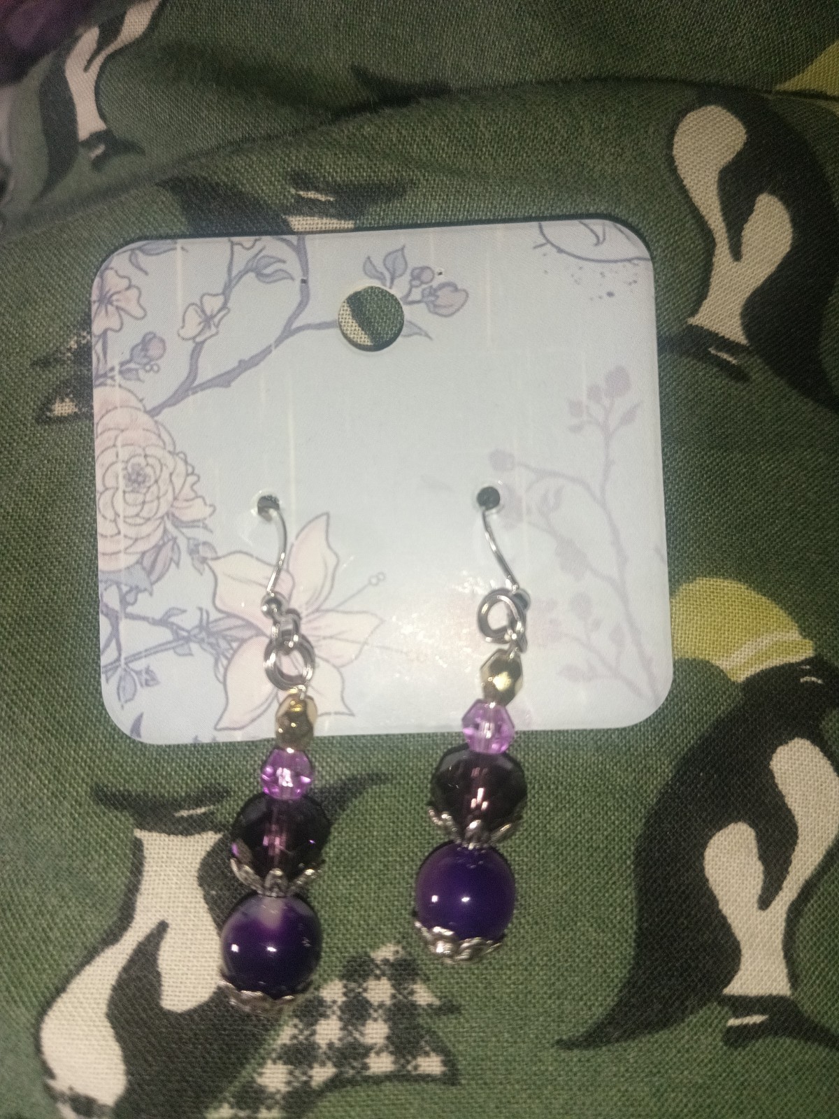 Handmade purple agate glass beaded 925 French hook earrings