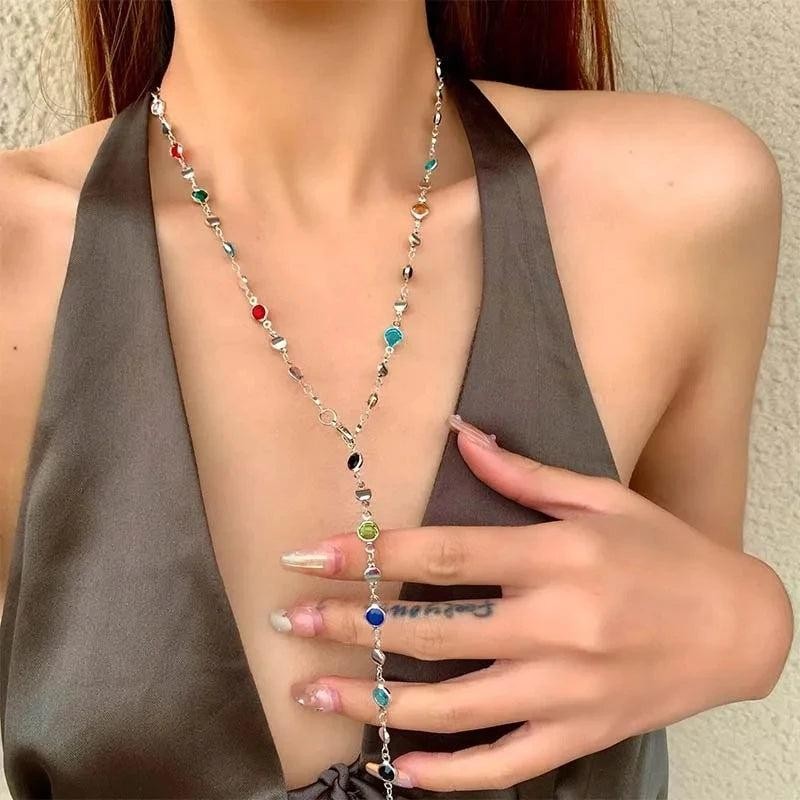 Long Tassel Zinc Alloy Heart Crystal Zircon Necklace for Women