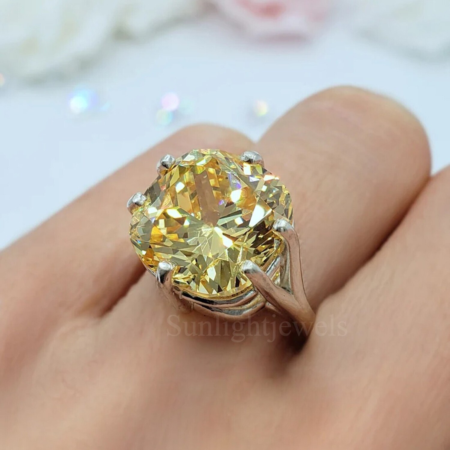 Cushion Sunset Champagne Diamond Solitaire Ring 11.3Ct 925 Sterling Silver