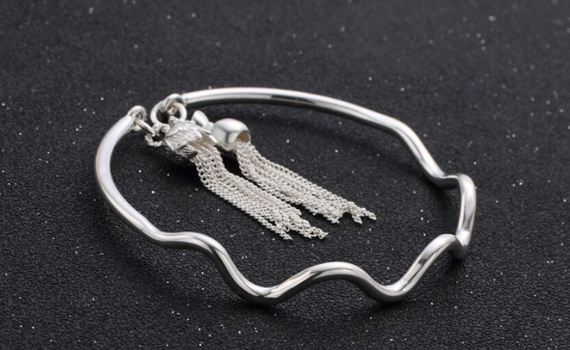 B22 Bangle Bracelet Waves and Tassels Fine Silver 990