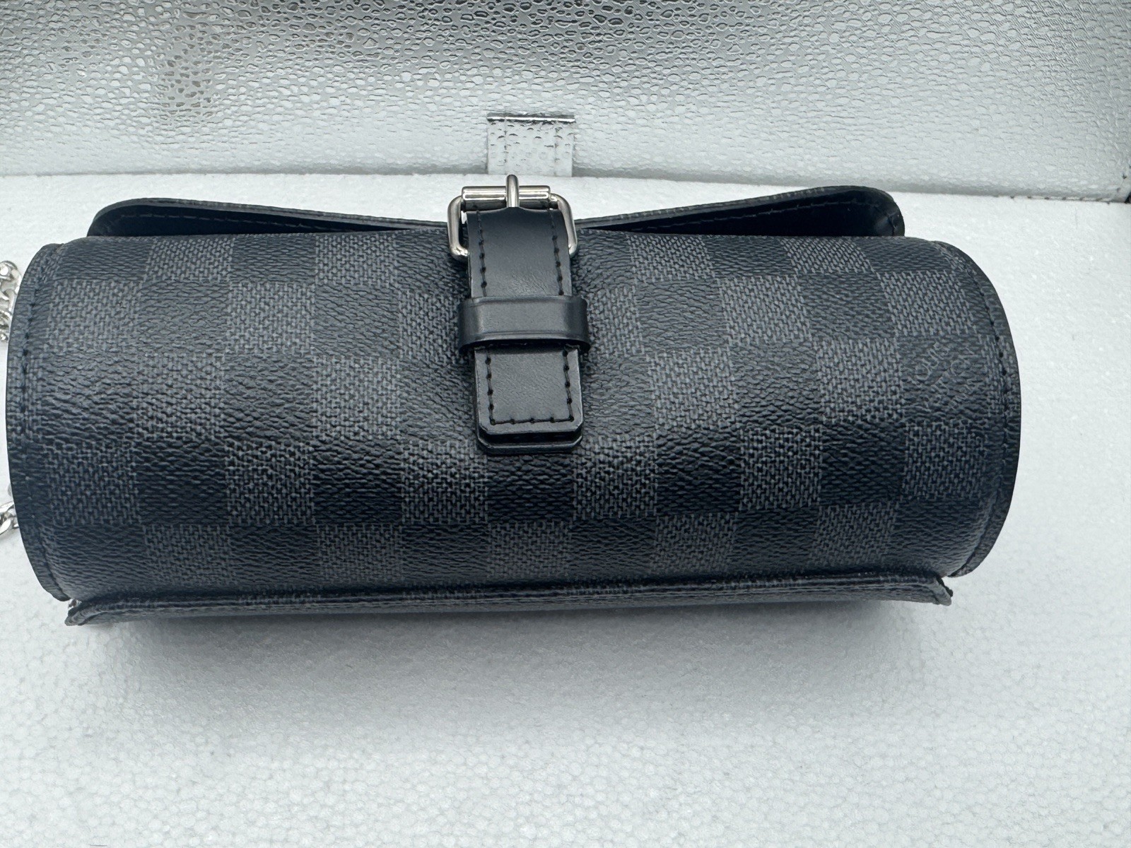 Louis Vuitton Leather Travel Pouch Black Gray Checkered Graphite