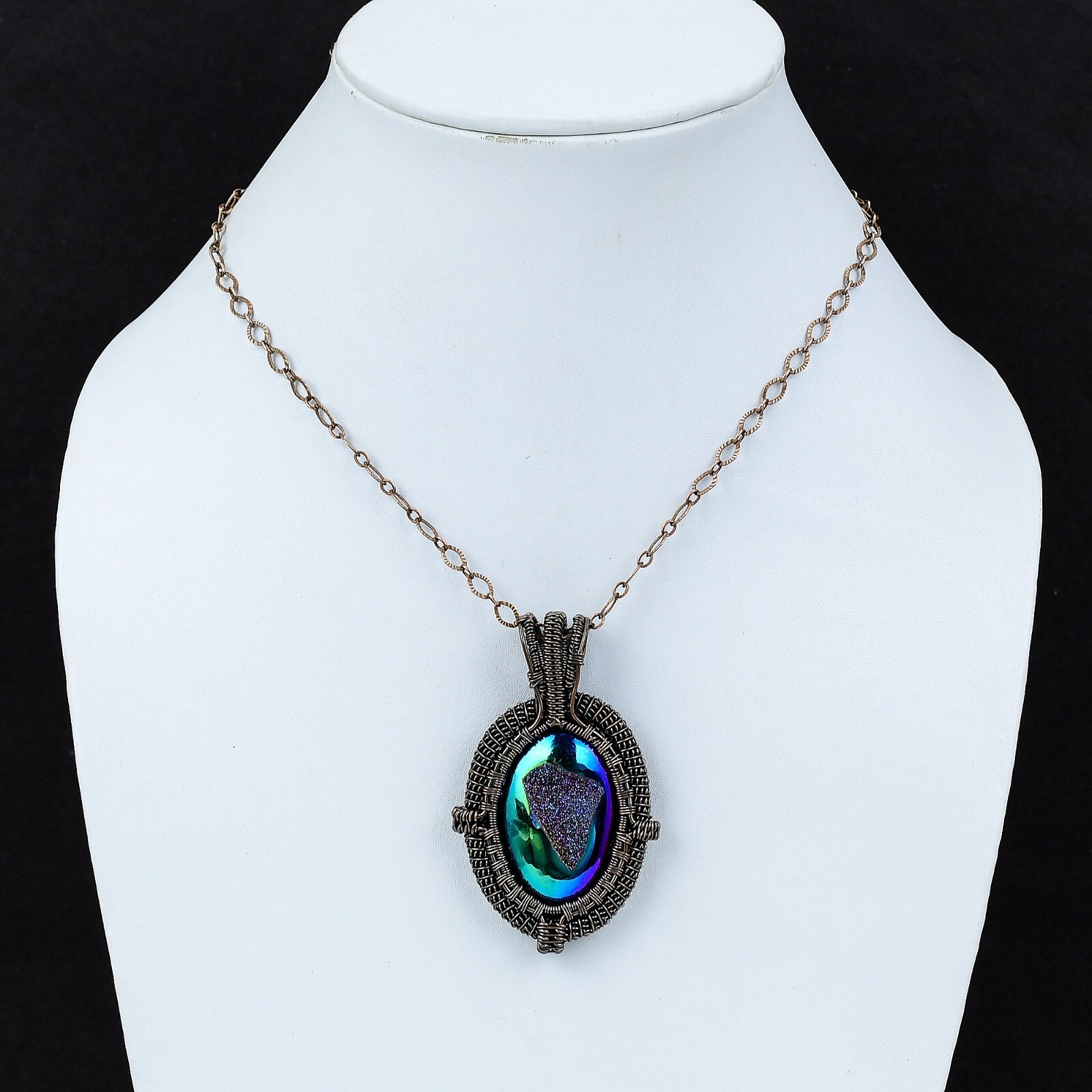 Women’s Day Gift Titanium Druzy Copper Gift For Bestie Wire Wrapped Pendant 2.6″