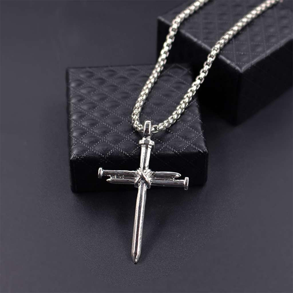Mens Nail Cross Pendant Necklace Chain Gold/Silver/Black Stainless Steel Christ