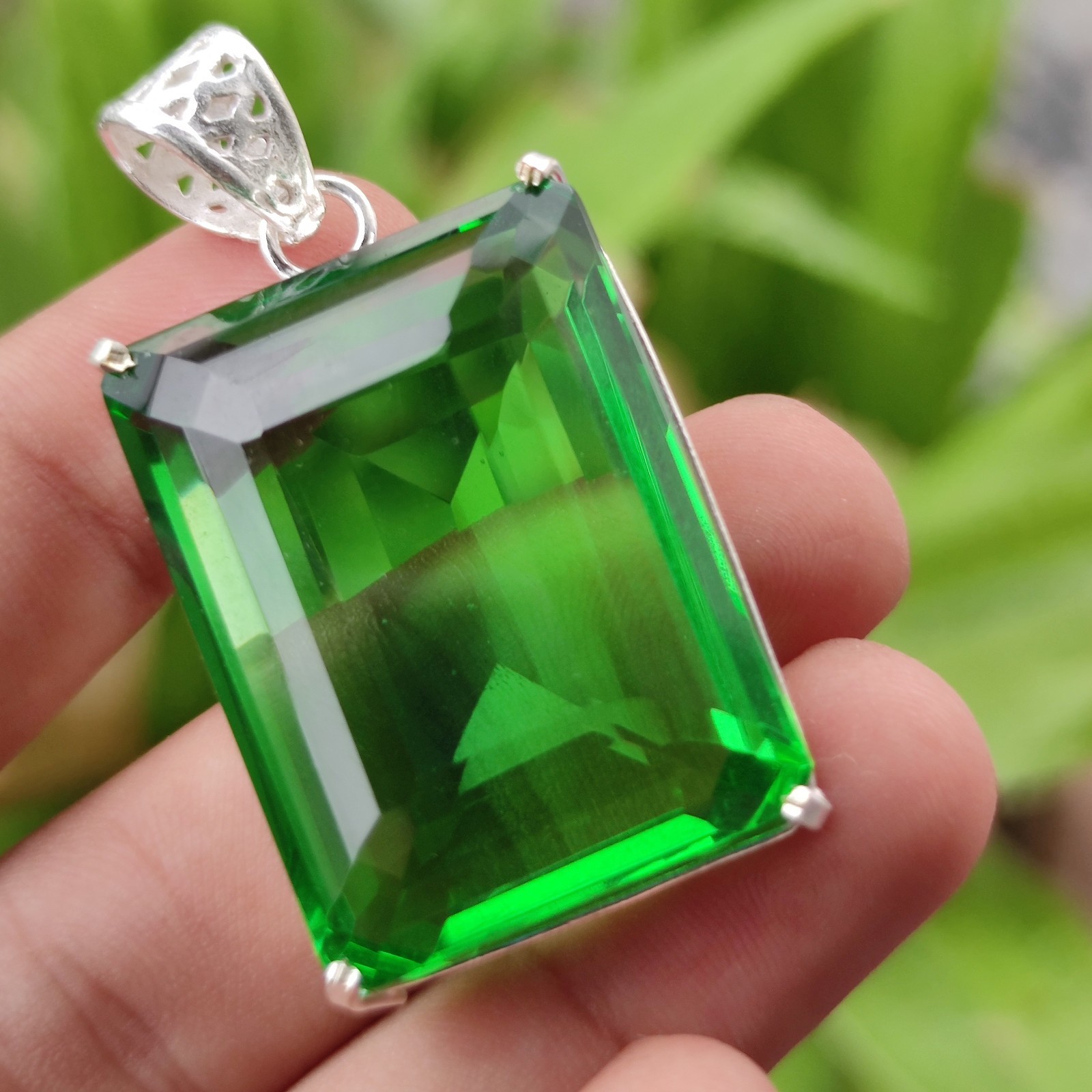 Natural 97.95 Ct Emerald Shape Green Topaz Gemstone Pendant 925 Sterling Silver