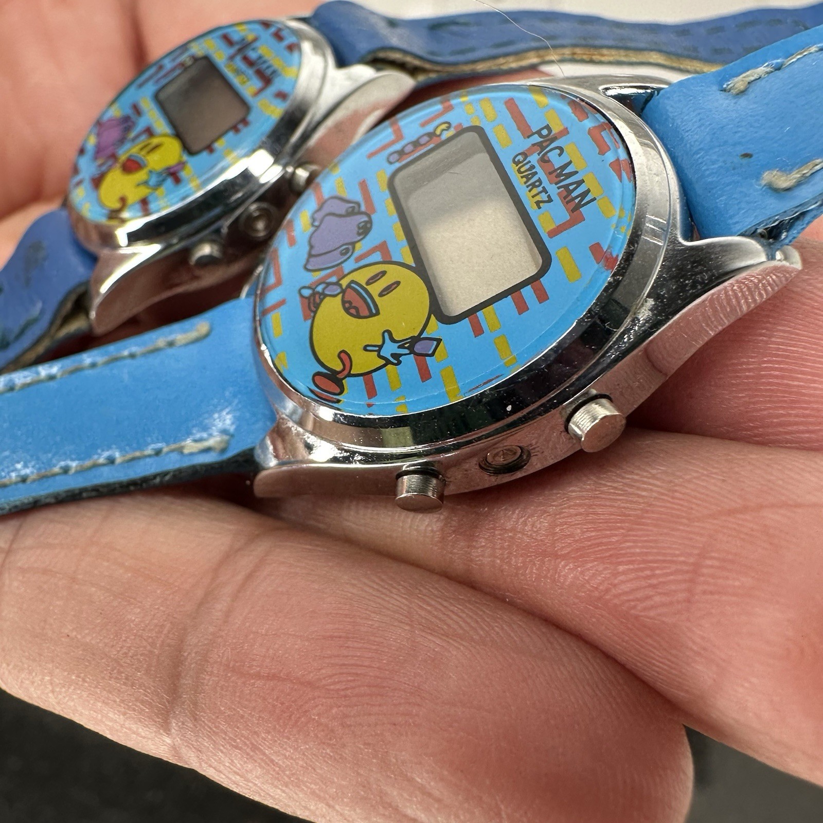 2 Pac-Man Digital Watches Vintage 80s 90s Hong Kong Kids Blue Band Rare Untested