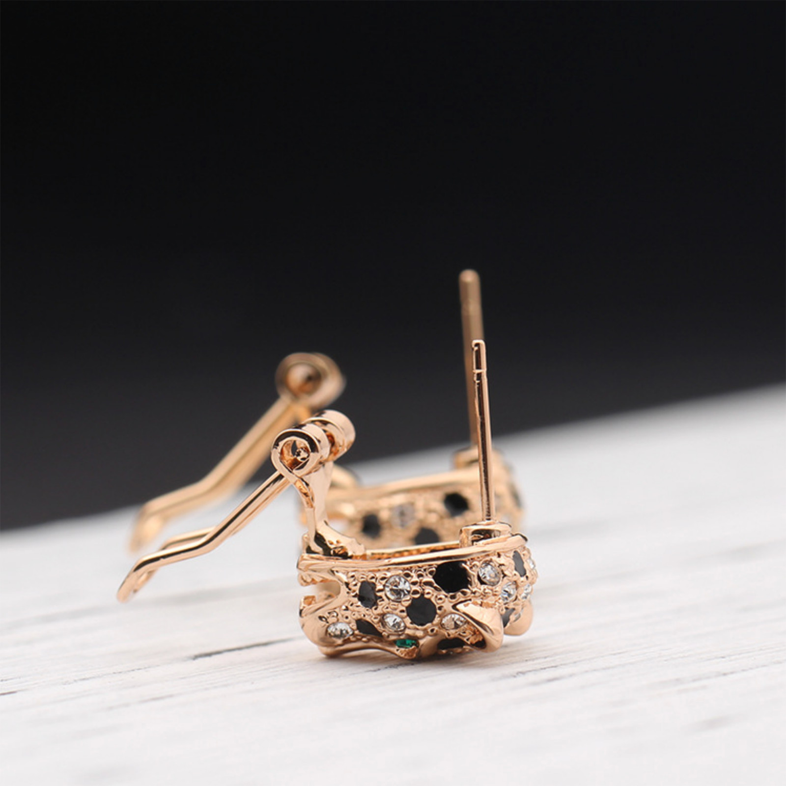 Animal Leopard Panther Jaguar Clear and Black Cubic Zirconia Leverback Earrings