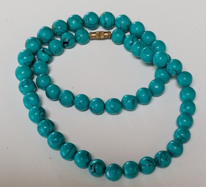 Vintage 45cm Blue Green Teal 180 Carat Turquoise Howlite 9mm Bead Necklace 39grm