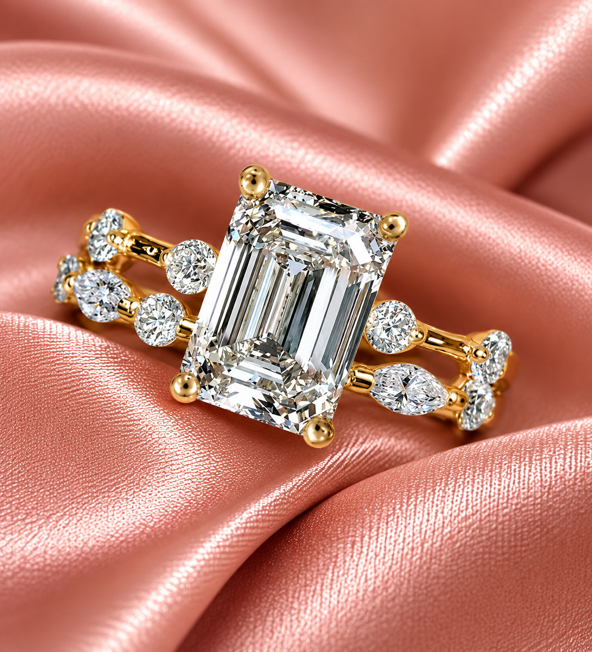 18K Yellow Gold IGI Lab Grown Diamond Wedding Ring Band Set 4.80 CT Emerald Cut