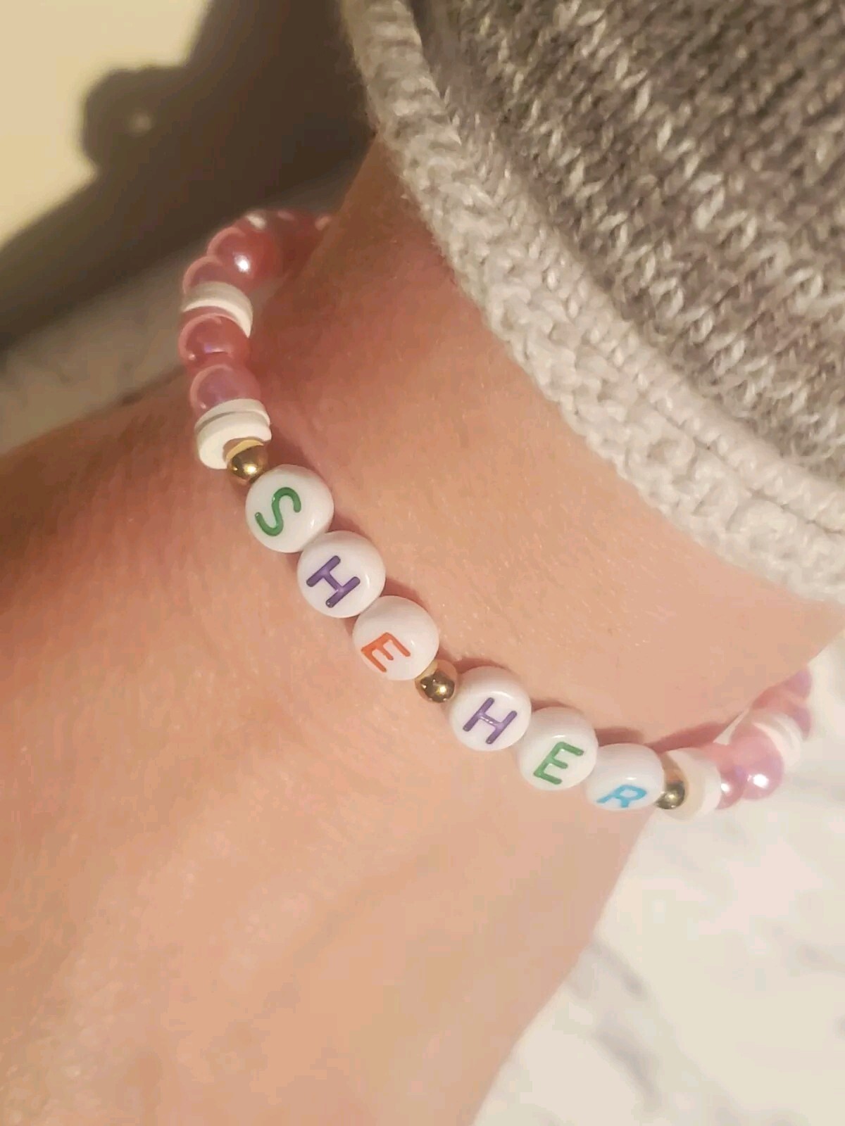 Handmade “She Her” Pink & White Beaded Bracelet