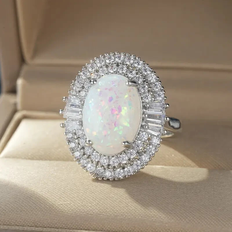 Elegant 925 Sterling Silver Rainbow Opal Charms Engagement Wedding Ring Size 8