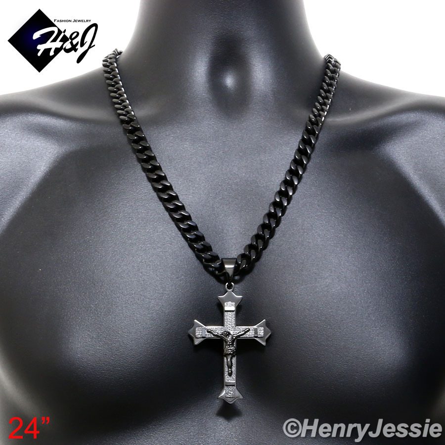 24″30″MEN Stainless Steel 11mm Black Plated Cuban Curb Necklace Cross Pendant*28