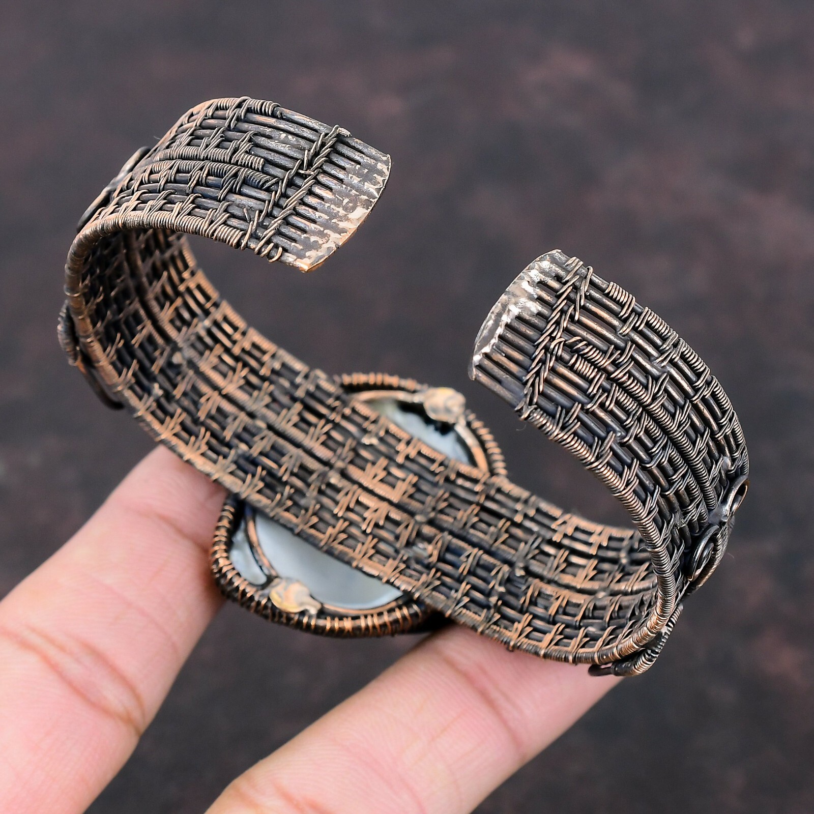 Titanium Coated Shell Stone Rainbow Moonstone Copper Wire Wrapped Wedding Bangle
